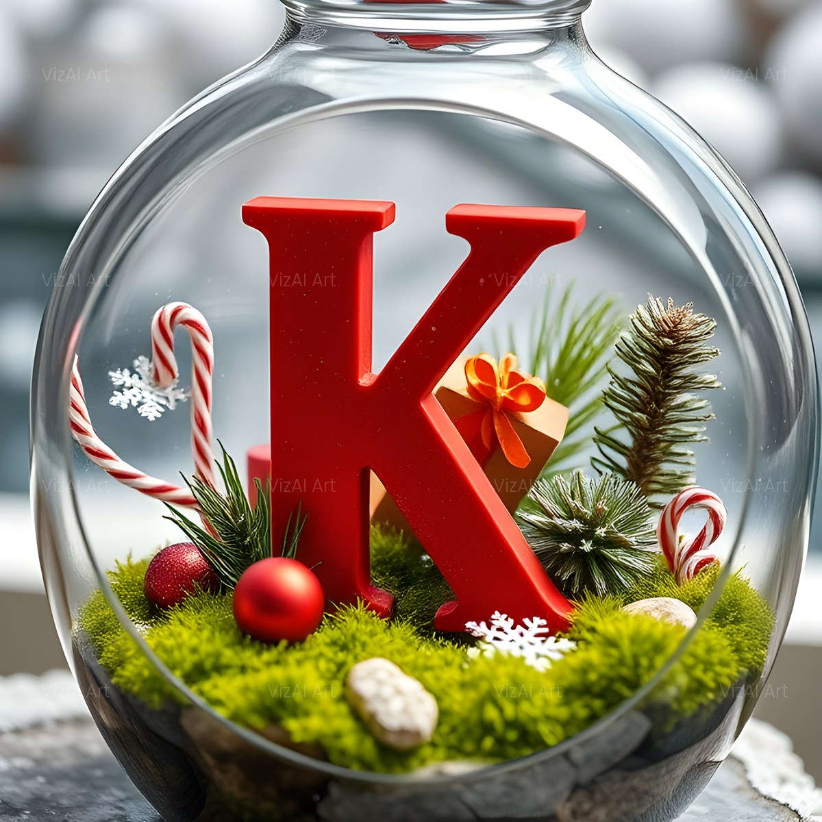 Christmas Scarlet Snow Globe alphabet — printable letter K