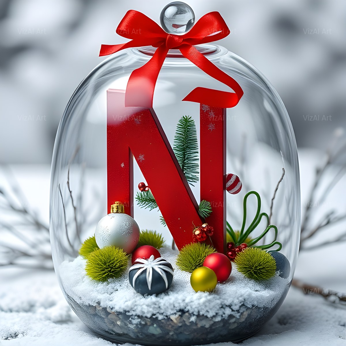 Christmas Scarlet Snow Globe alphabet — printable letter N
