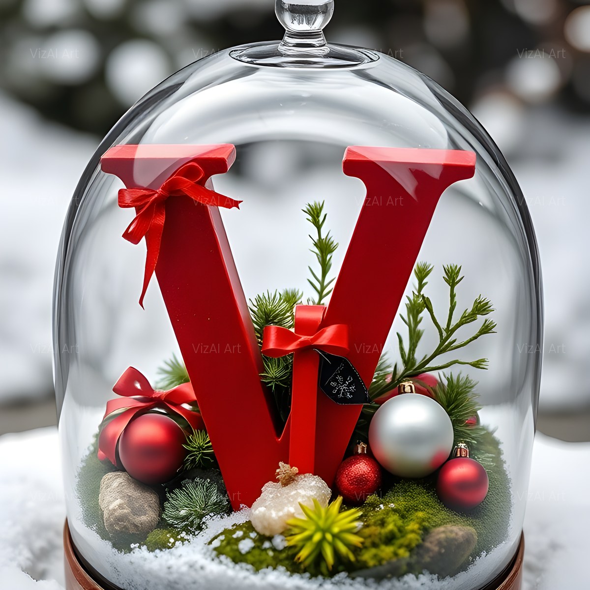Christmas Scarlet Snow Globe alphabet — printable letter V