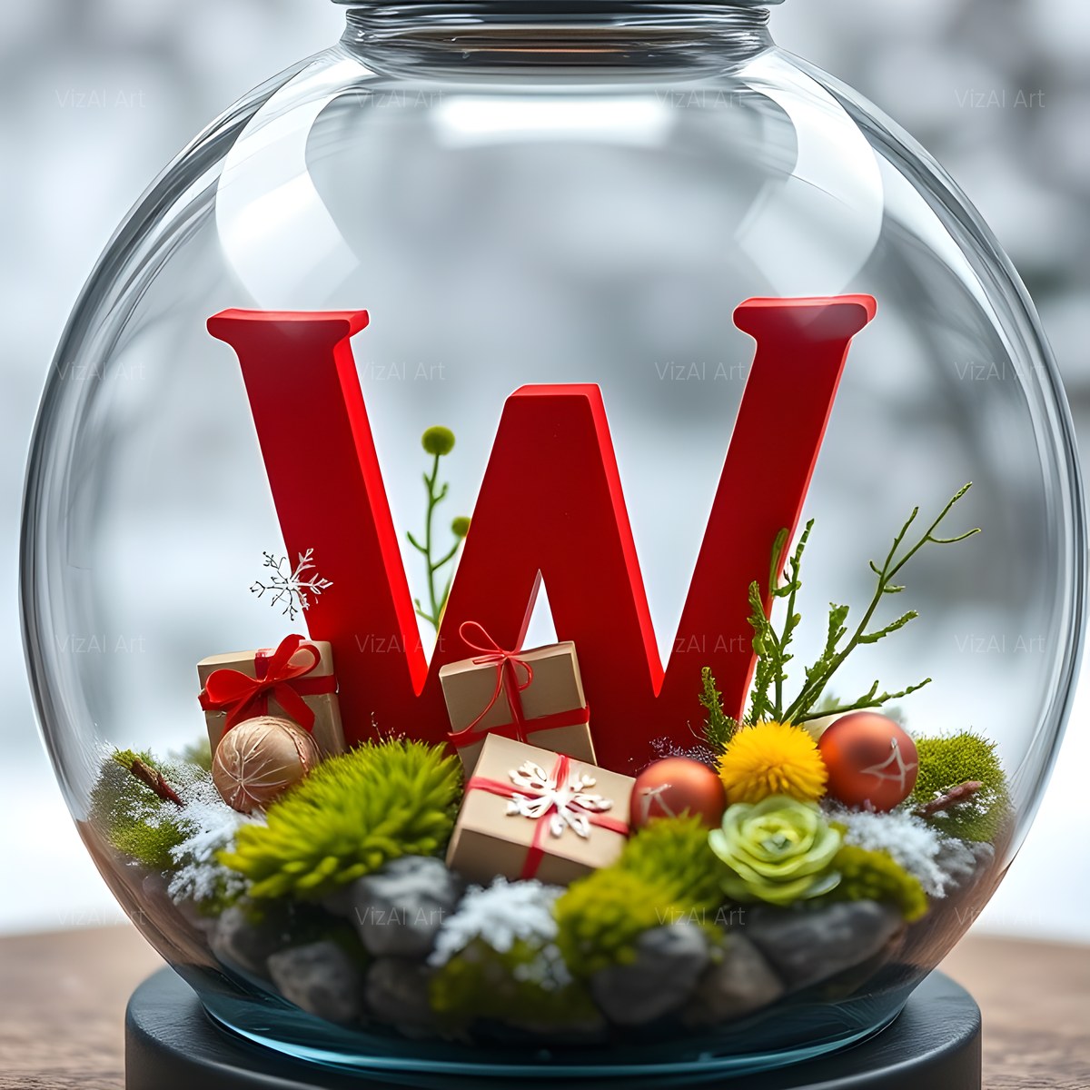 Christmas Scarlet Snow Globe alphabet — printable letter W