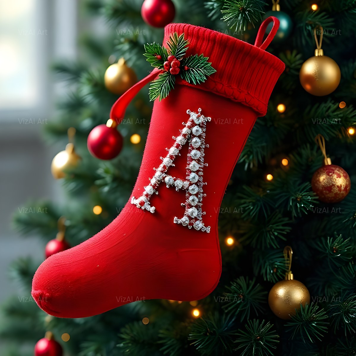 Christmas Scarlet Stocking Cheer alphabet — printable letter A