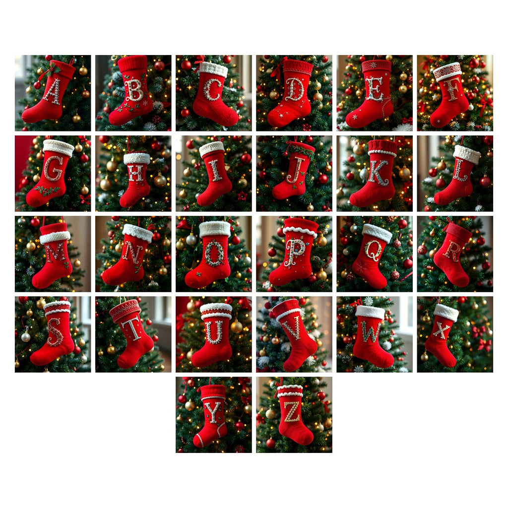 Christmas Scarlet Stocking Cheer alphabet — all 26 letters A to Z, choose any single letter