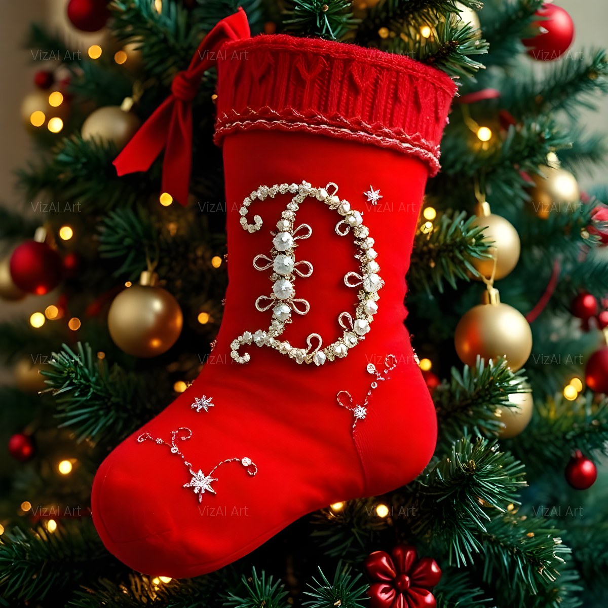 Christmas Scarlet Stocking Cheer alphabet — printable letter D