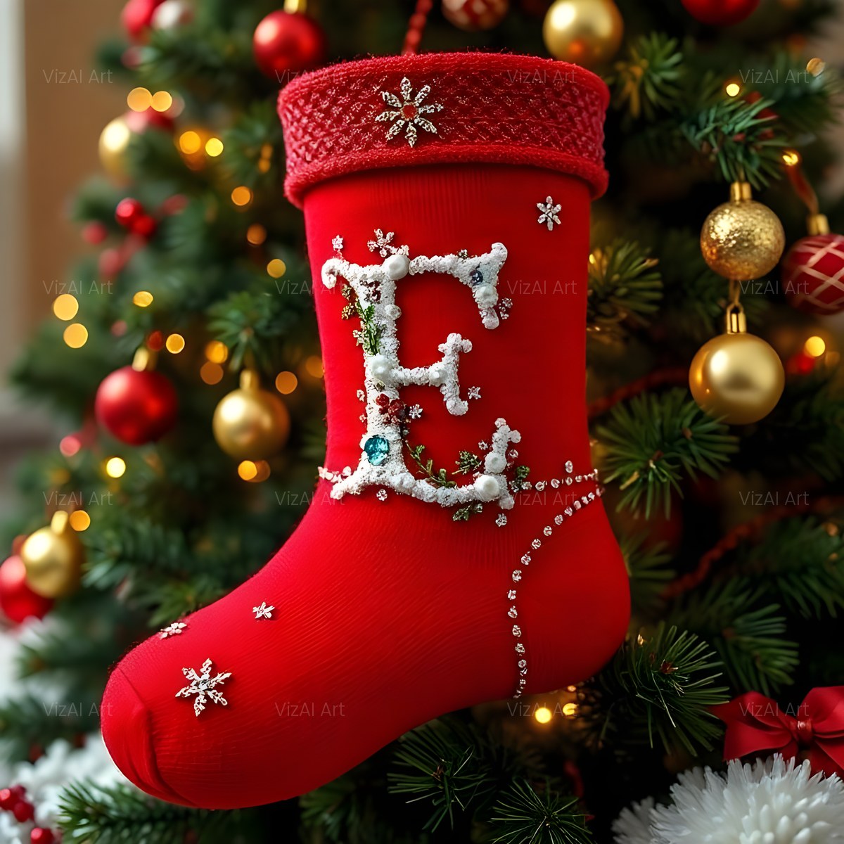 Christmas Scarlet Stocking Cheer alphabet — printable letter E