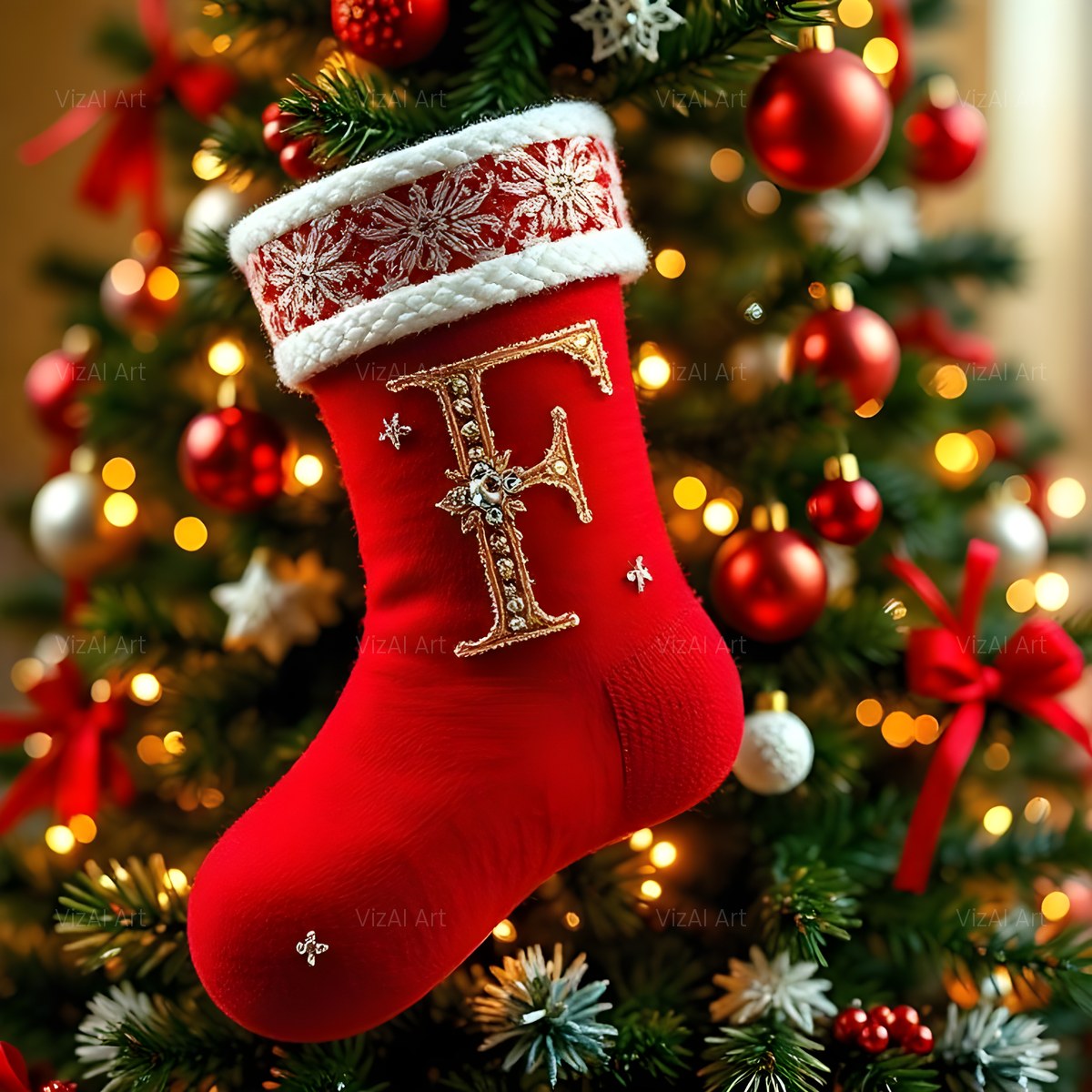 Christmas Scarlet Stocking Cheer alphabet — printable letter F