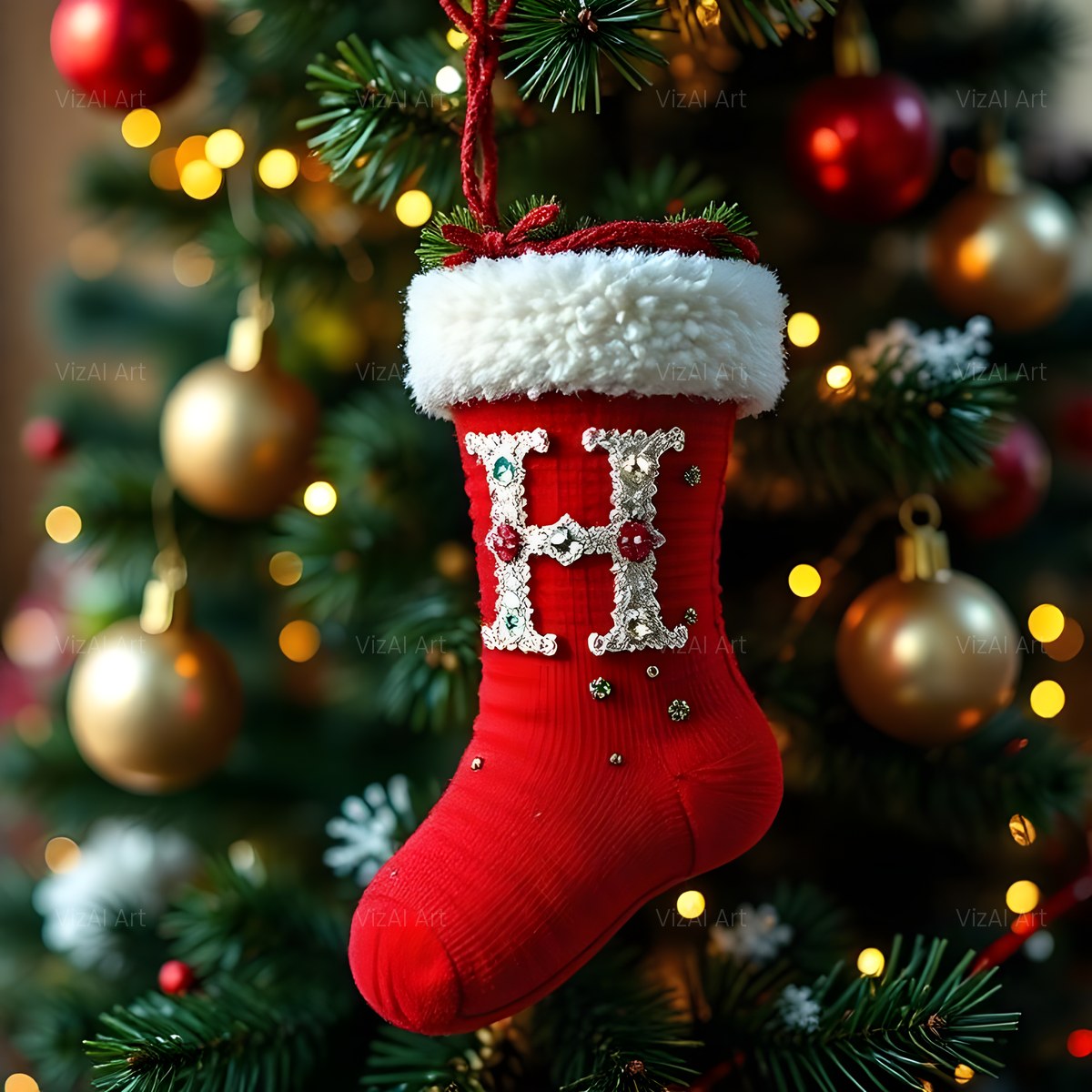 Christmas Scarlet Stocking Cheer alphabet — printable letter H