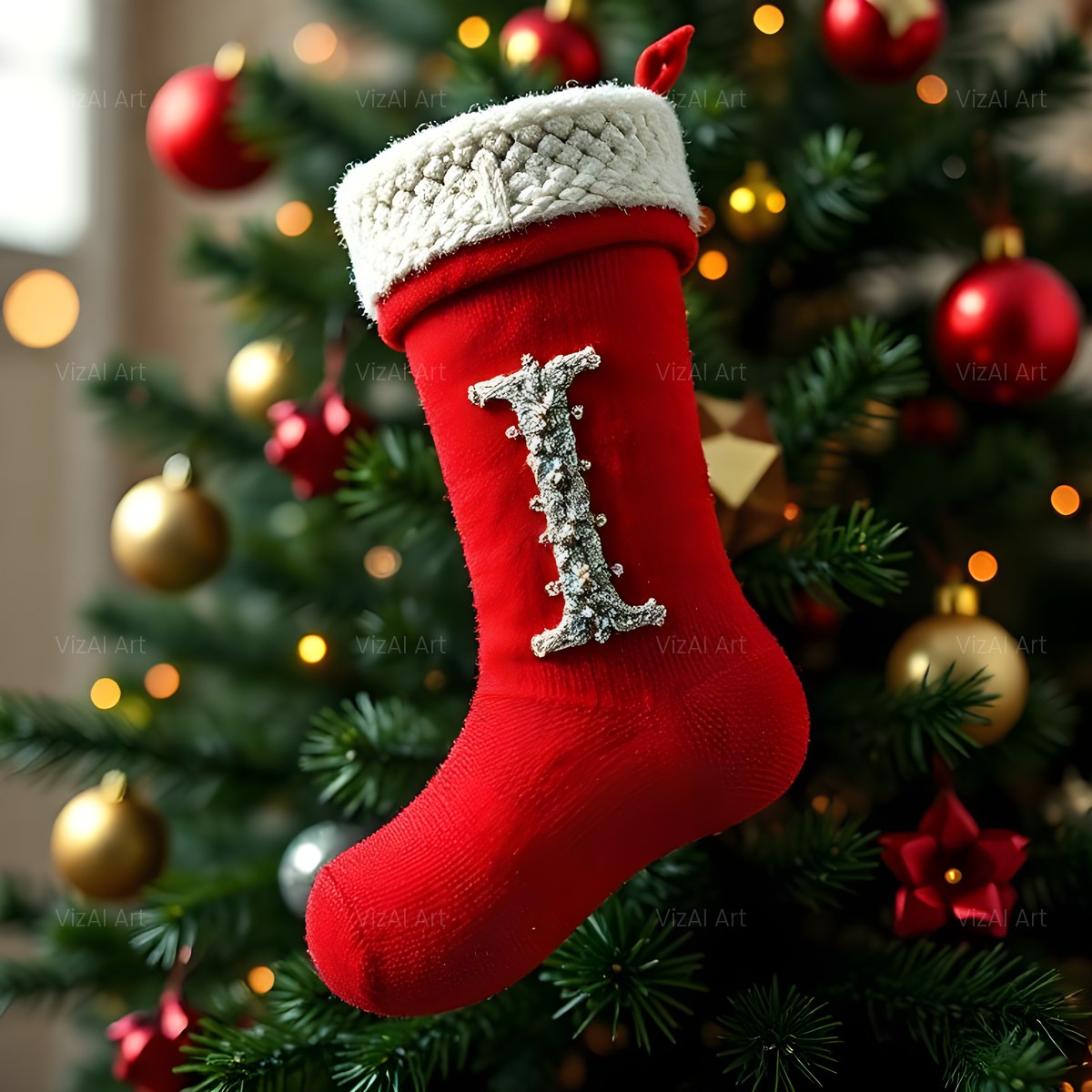 Christmas Scarlet Stocking Cheer alphabet — printable letter I