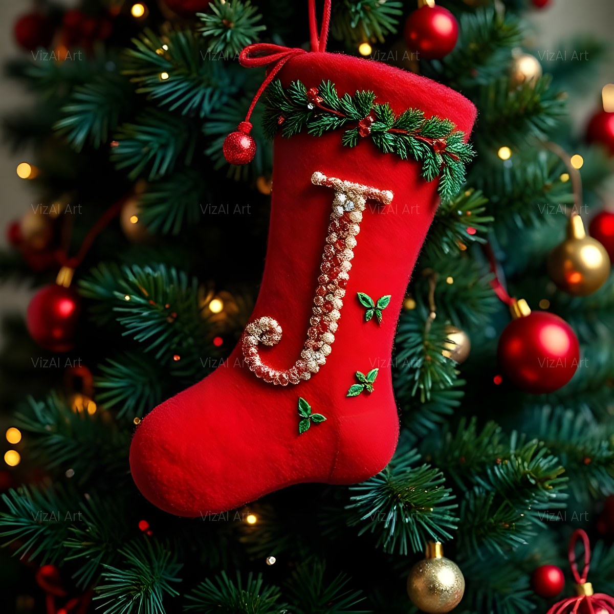 Christmas Scarlet Stocking Cheer alphabet — printable letter J