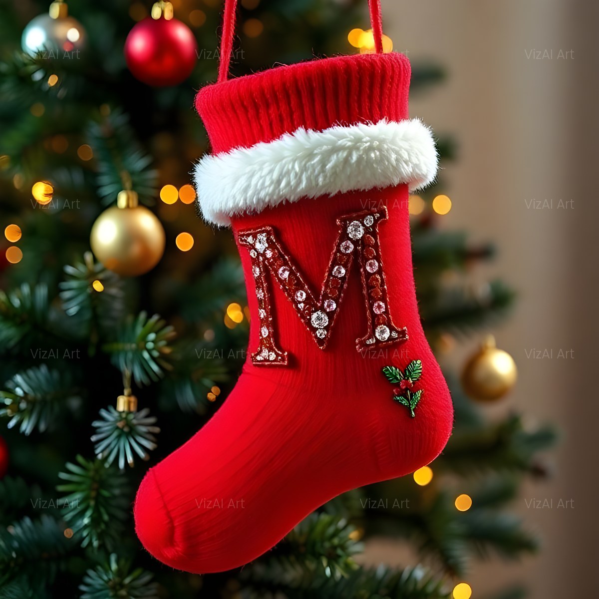 Christmas Scarlet Stocking Cheer alphabet — printable letter M
