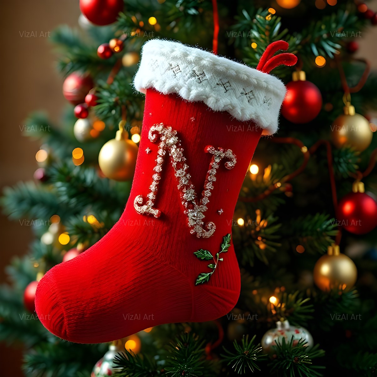 Christmas Scarlet Stocking Cheer alphabet — printable letter N