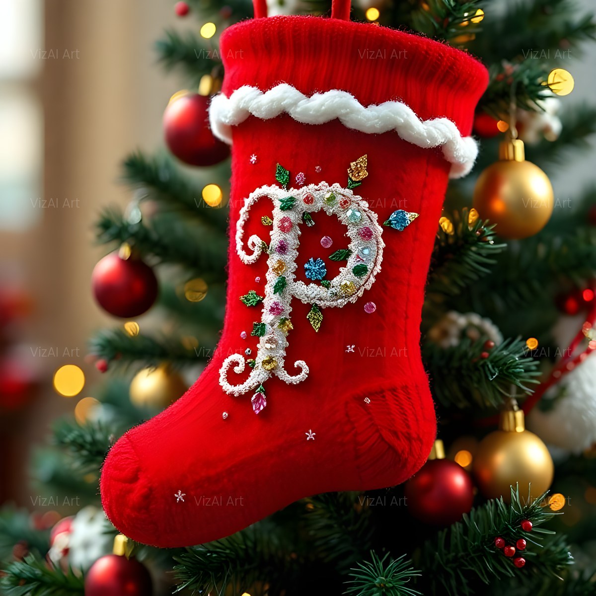 Christmas Scarlet Stocking Cheer alphabet — printable letter P