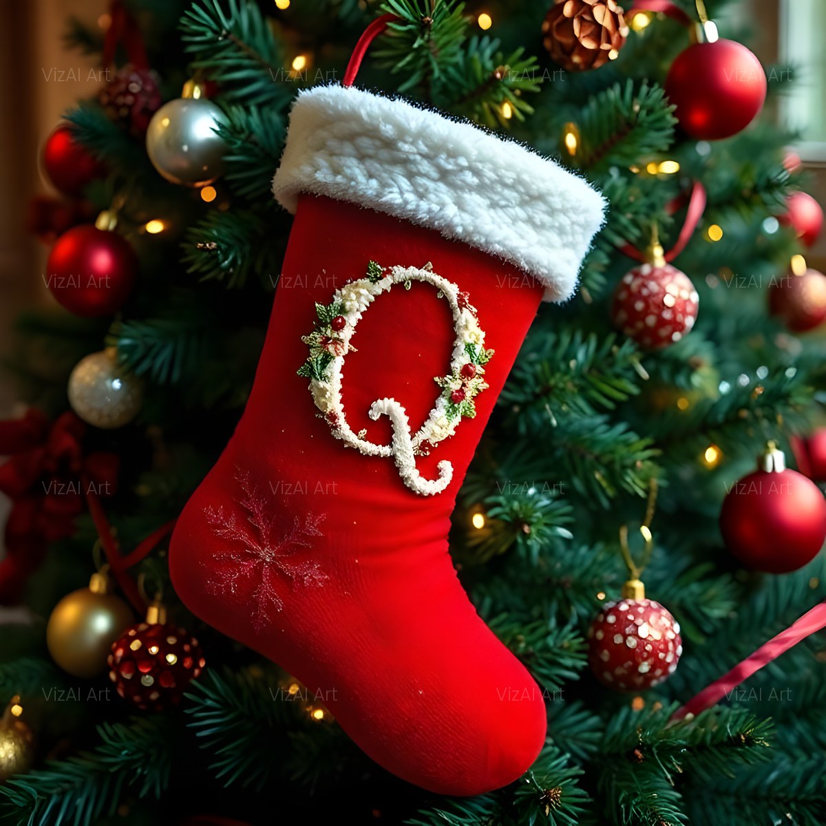 Christmas Scarlet Stocking Cheer alphabet — printable letter Q