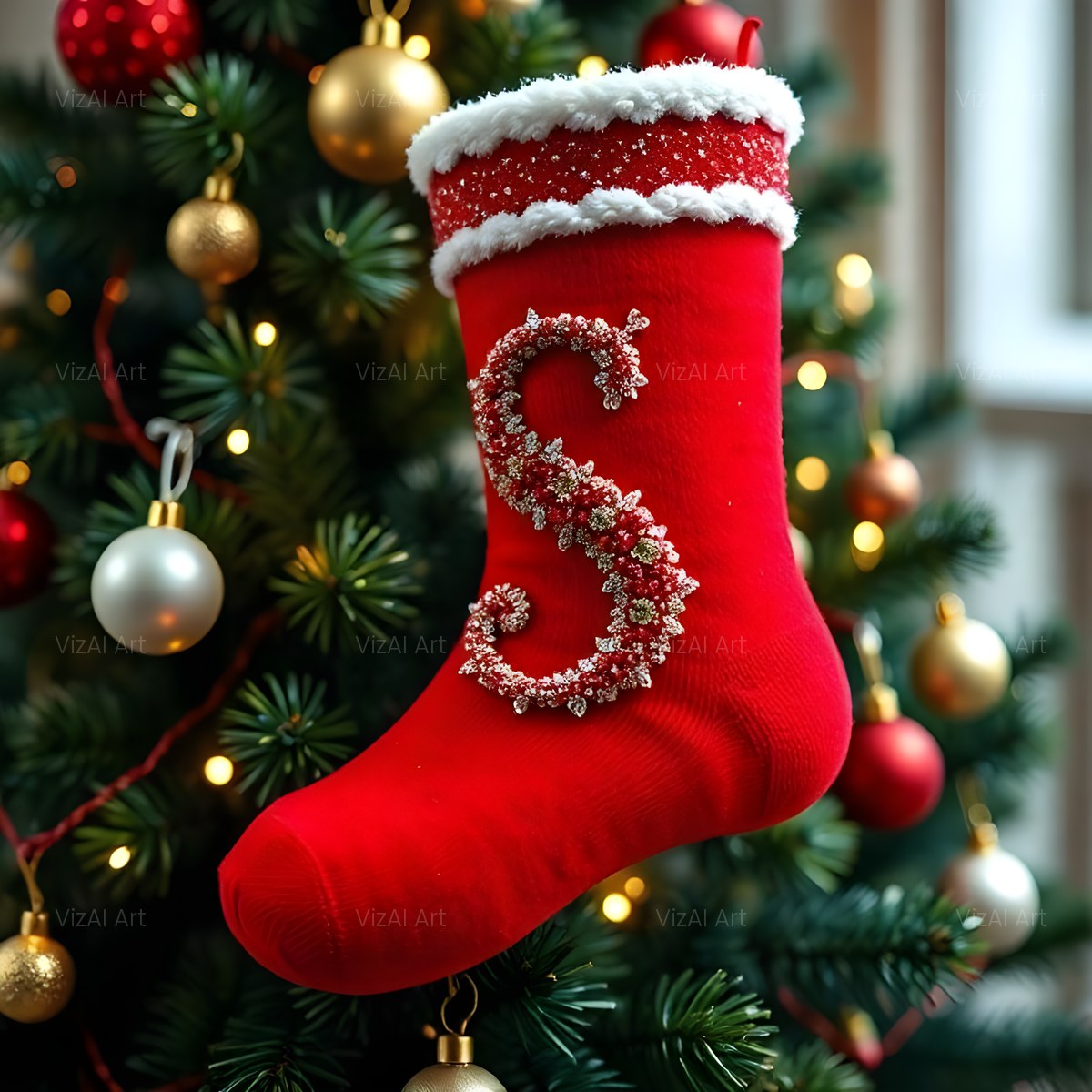 Christmas Scarlet Stocking Cheer alphabet — printable letter S