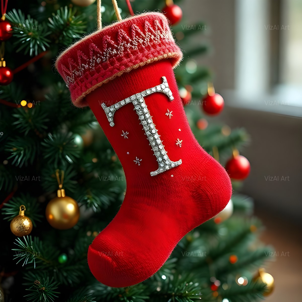 Christmas Scarlet Stocking Cheer alphabet — printable letter T