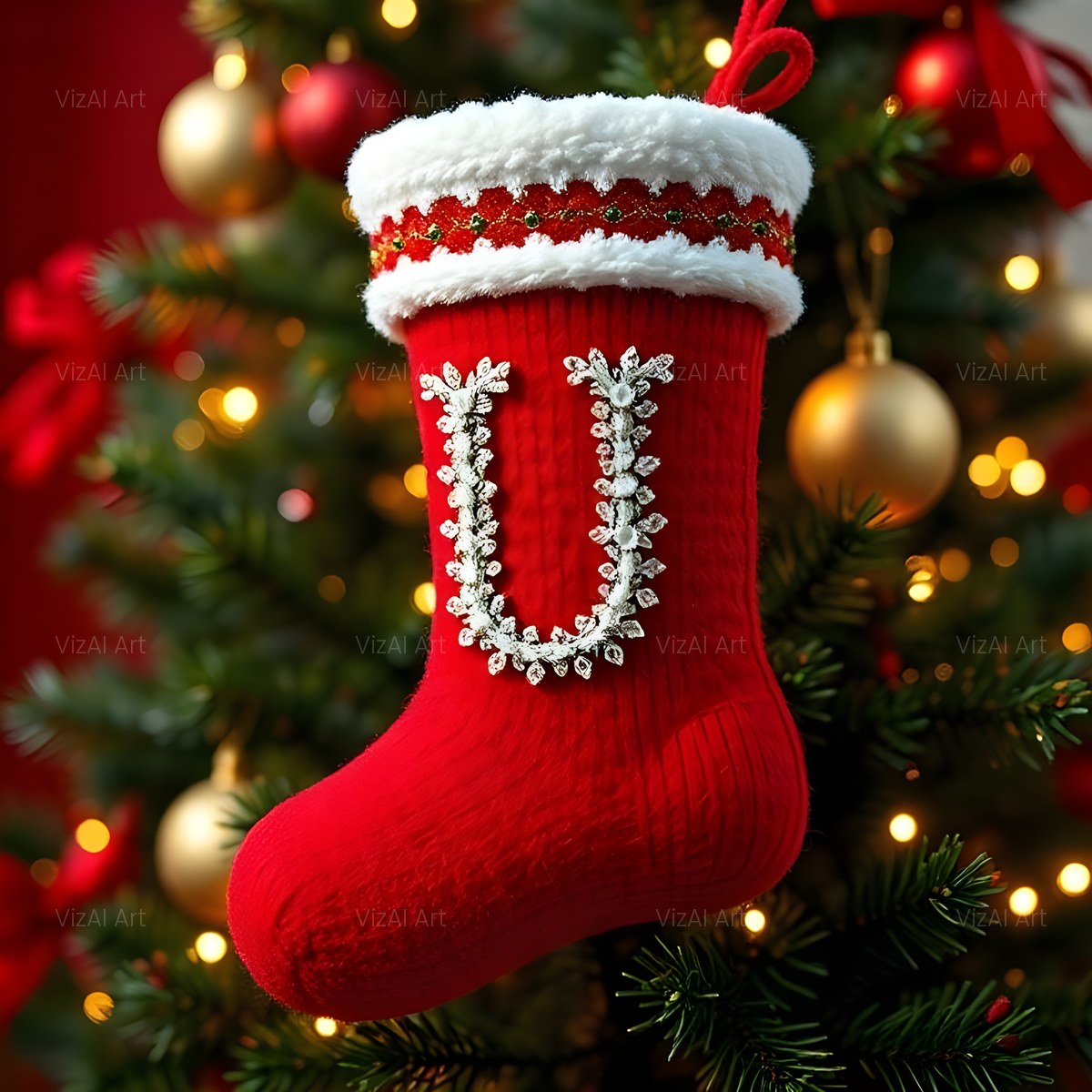 Christmas Scarlet Stocking Cheer alphabet — printable letter U