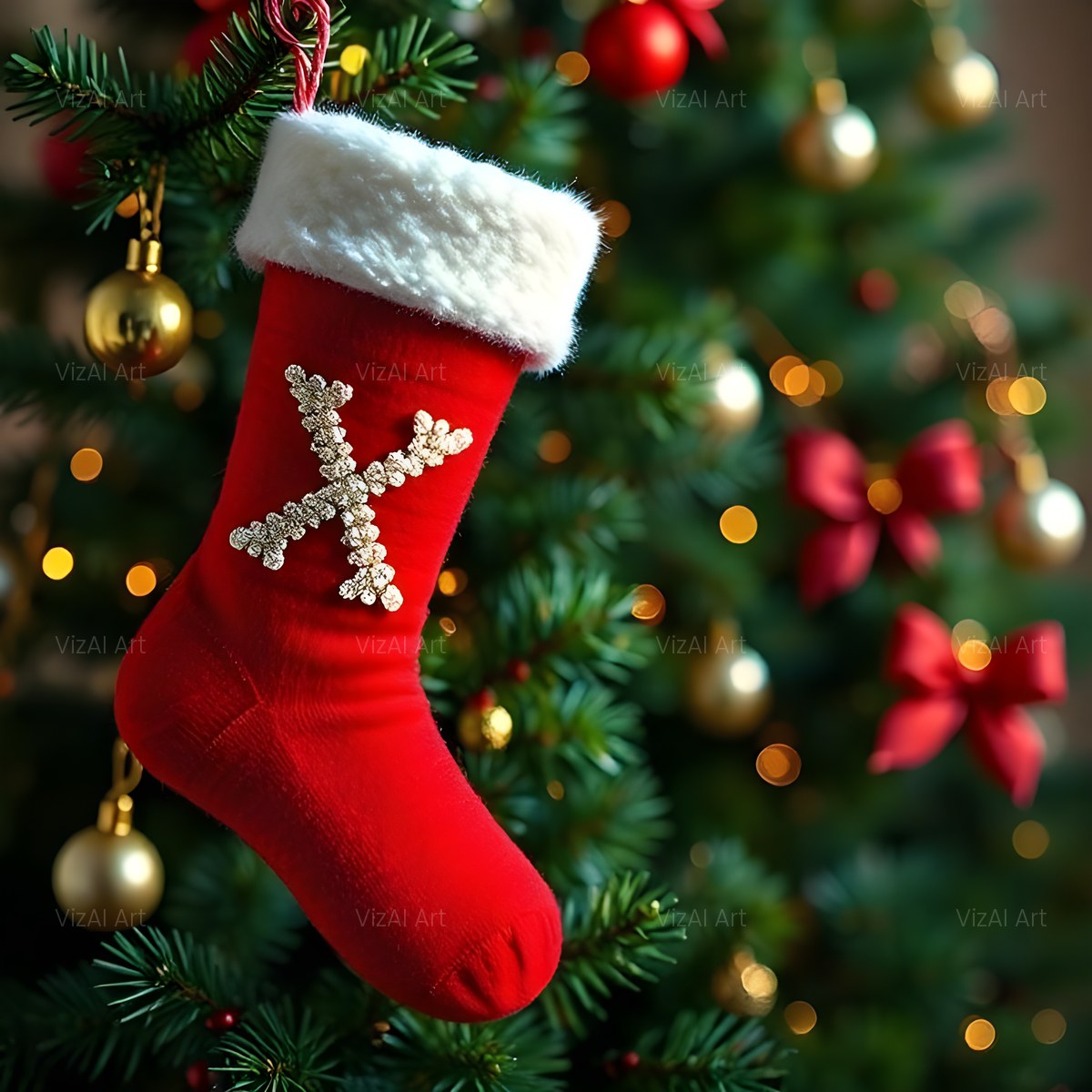 Christmas Scarlet Stocking Cheer alphabet — printable letter X
