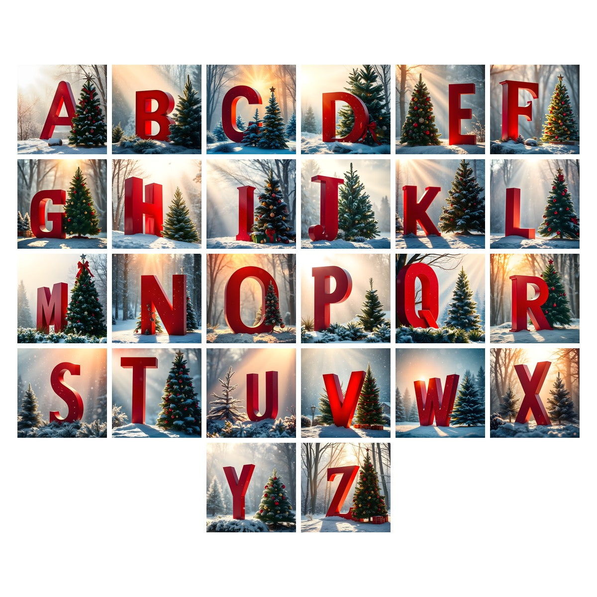 Christmas Scarlet Fir Glow alphabet — all 26 letters A to Z, choose any single letter