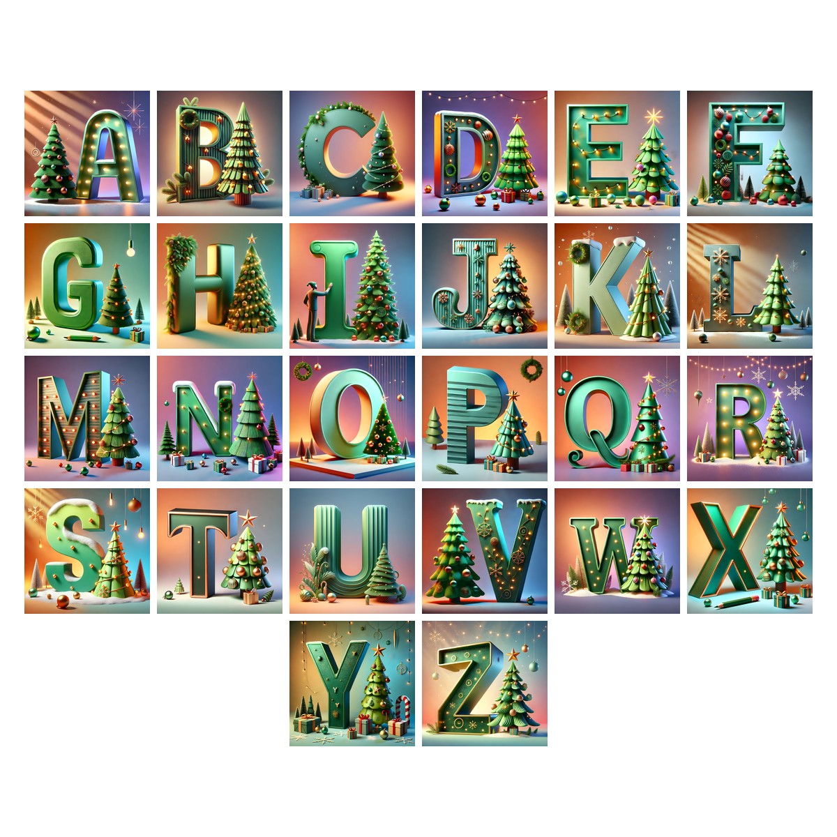 Christmas Evergreen Tree Charm alphabet — all 26 letters A to Z, choose any single letter