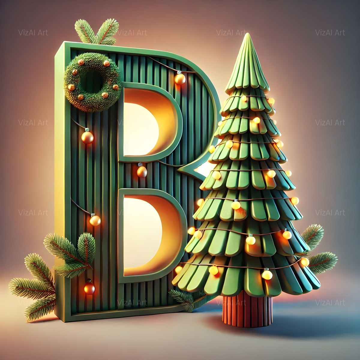 Christmas Evergreen Tree Charm alphabet — printable letter B