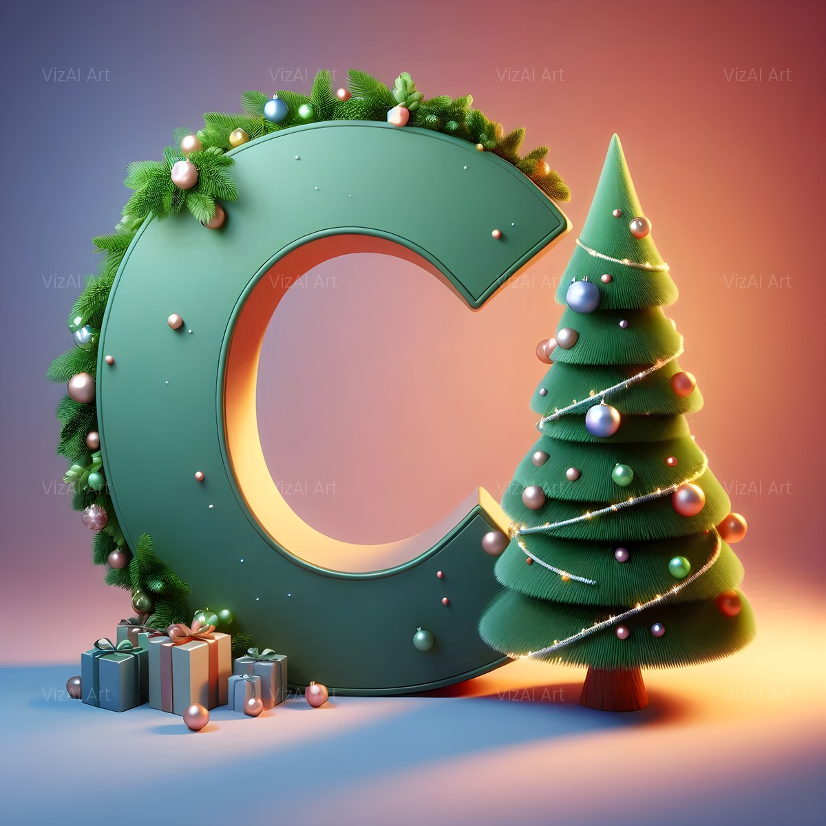 Christmas Evergreen Tree Charm alphabet — printable letter C