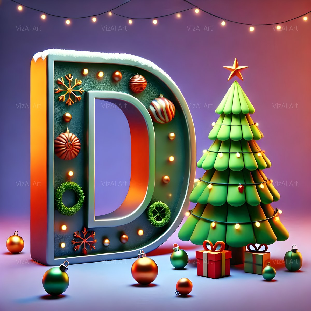 Christmas Evergreen Tree Charm alphabet — printable letter D