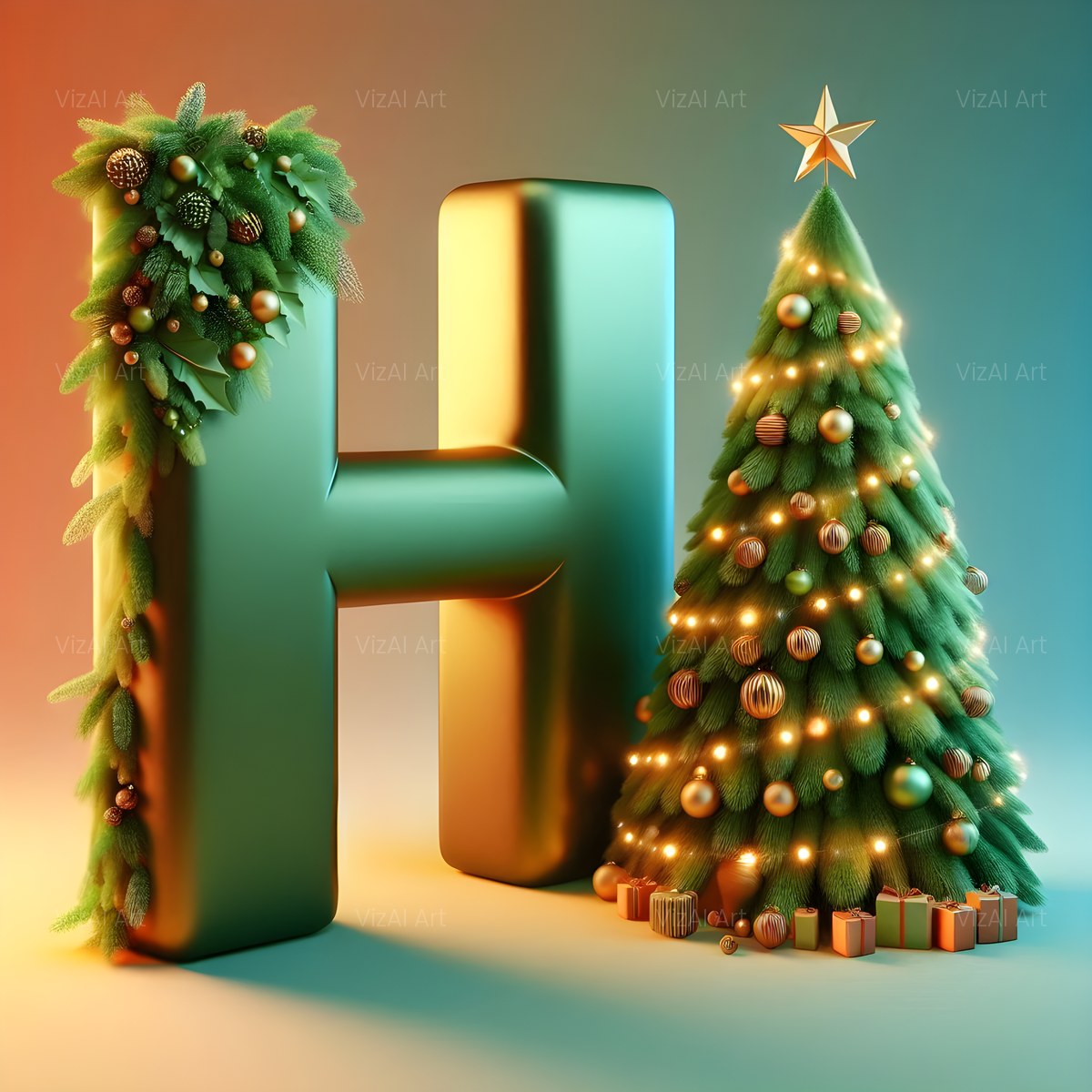Christmas Evergreen Tree Charm alphabet — printable letter H