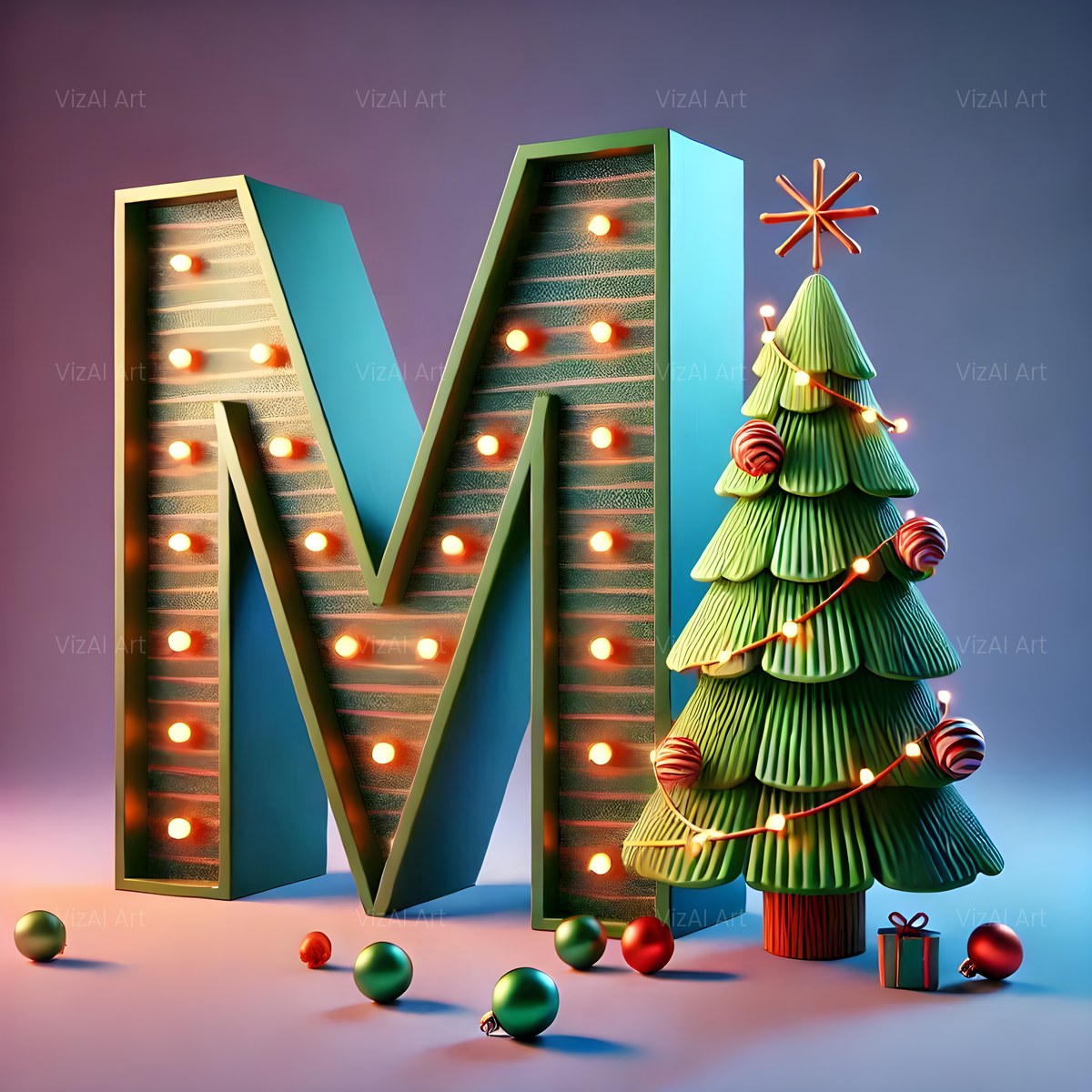 Christmas Evergreen Tree Charm alphabet — printable letter M