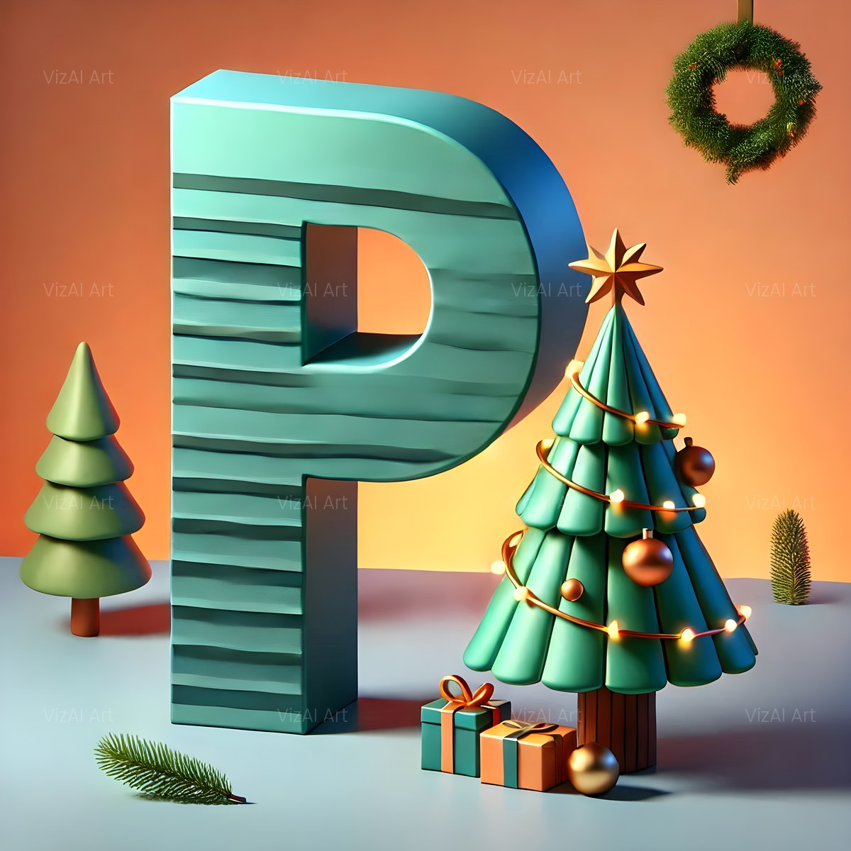 Christmas Evergreen Tree Charm alphabet — printable letter P