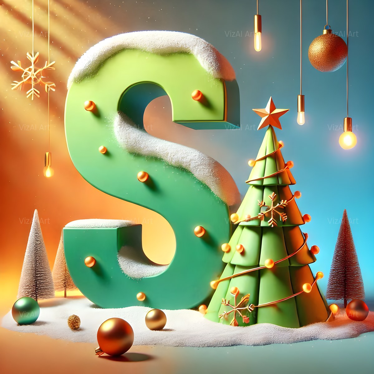 Christmas Evergreen Tree Charm alphabet — printable letter S