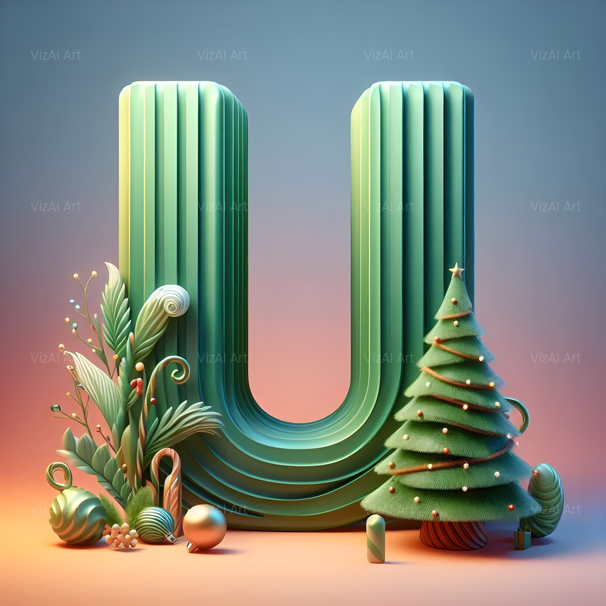 Christmas Evergreen Tree Charm alphabet — printable letter U