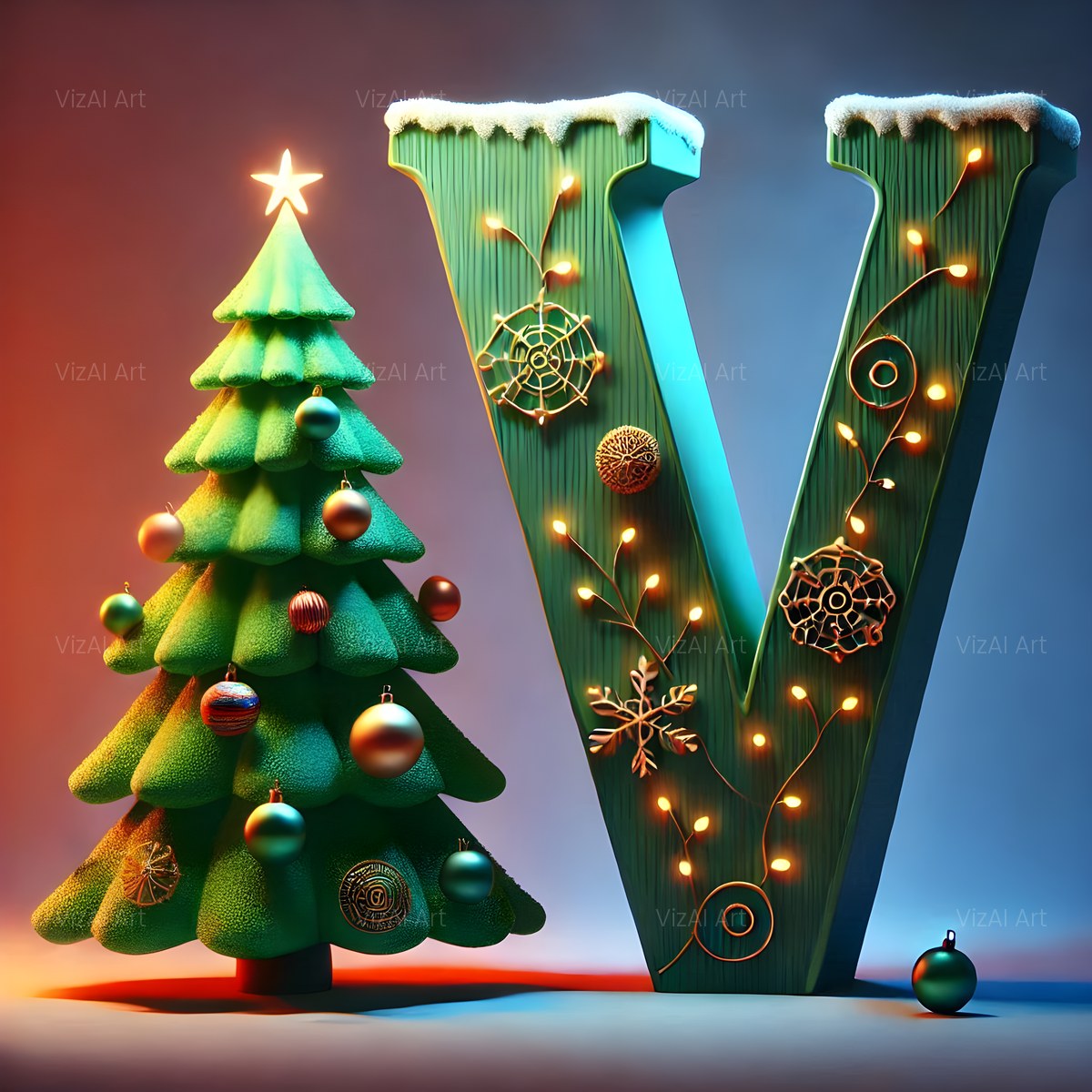 Christmas Evergreen Tree Charm alphabet — printable letter V