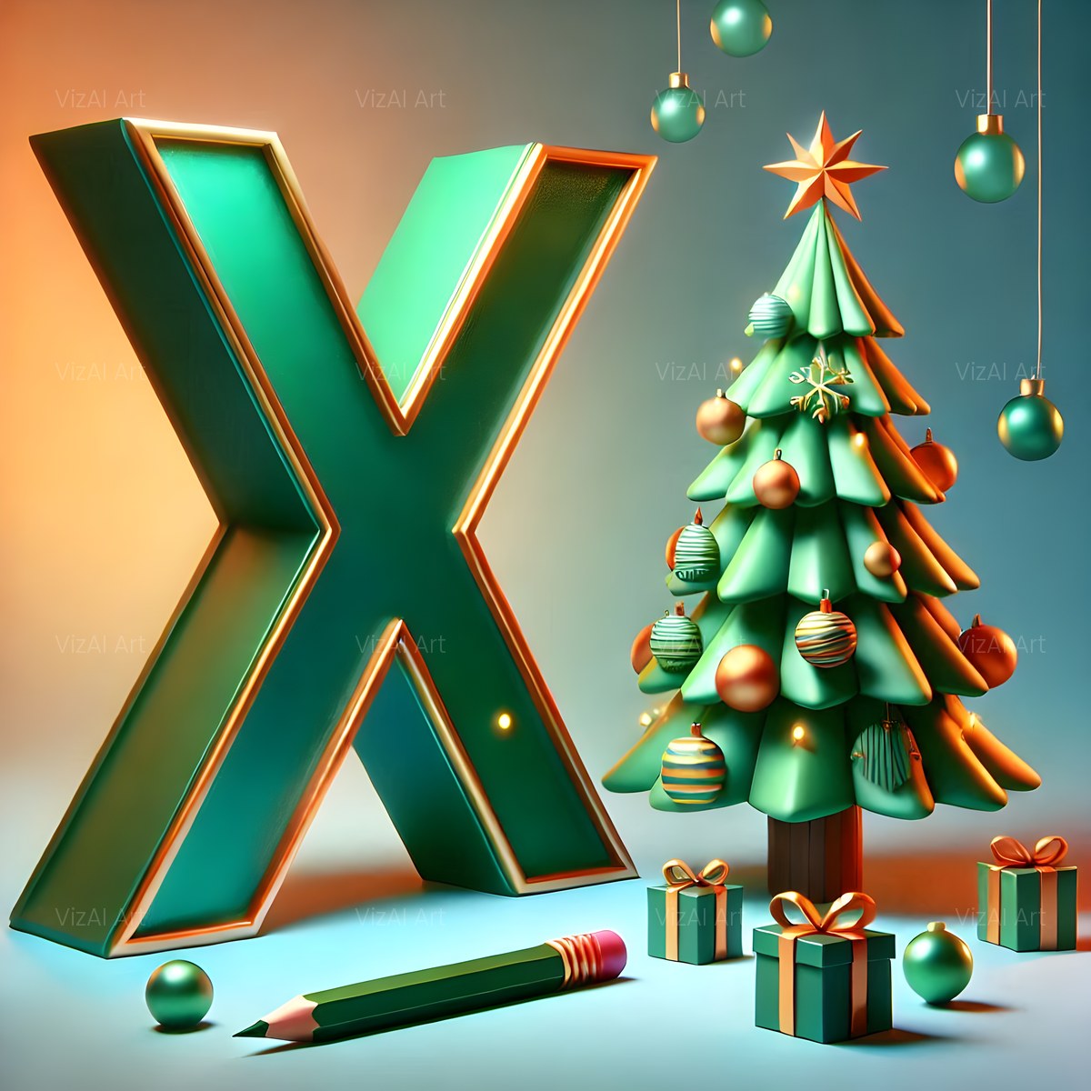 Christmas Evergreen Tree Charm alphabet — printable letter X