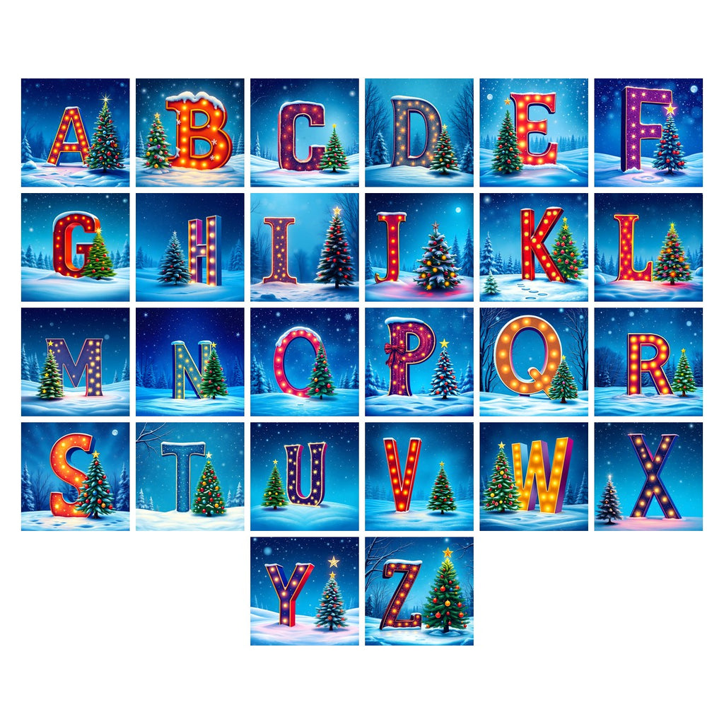 Christmas Scarlet Tree Lights alphabet — all 26 letters A to Z, choose any single letter