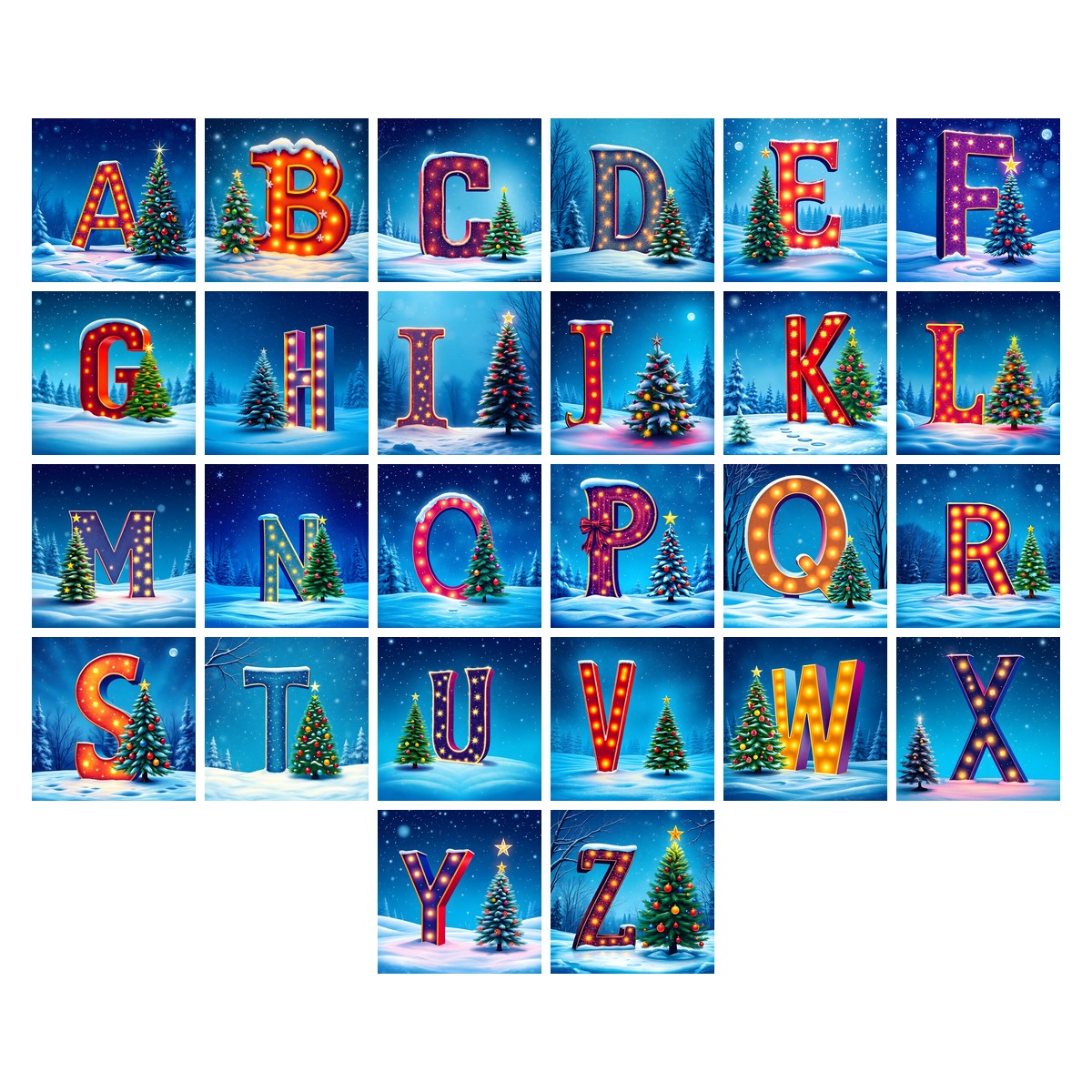 Christmas Scarlet Tree Lights alphabet — all 26 letters A to Z, choose any single letter