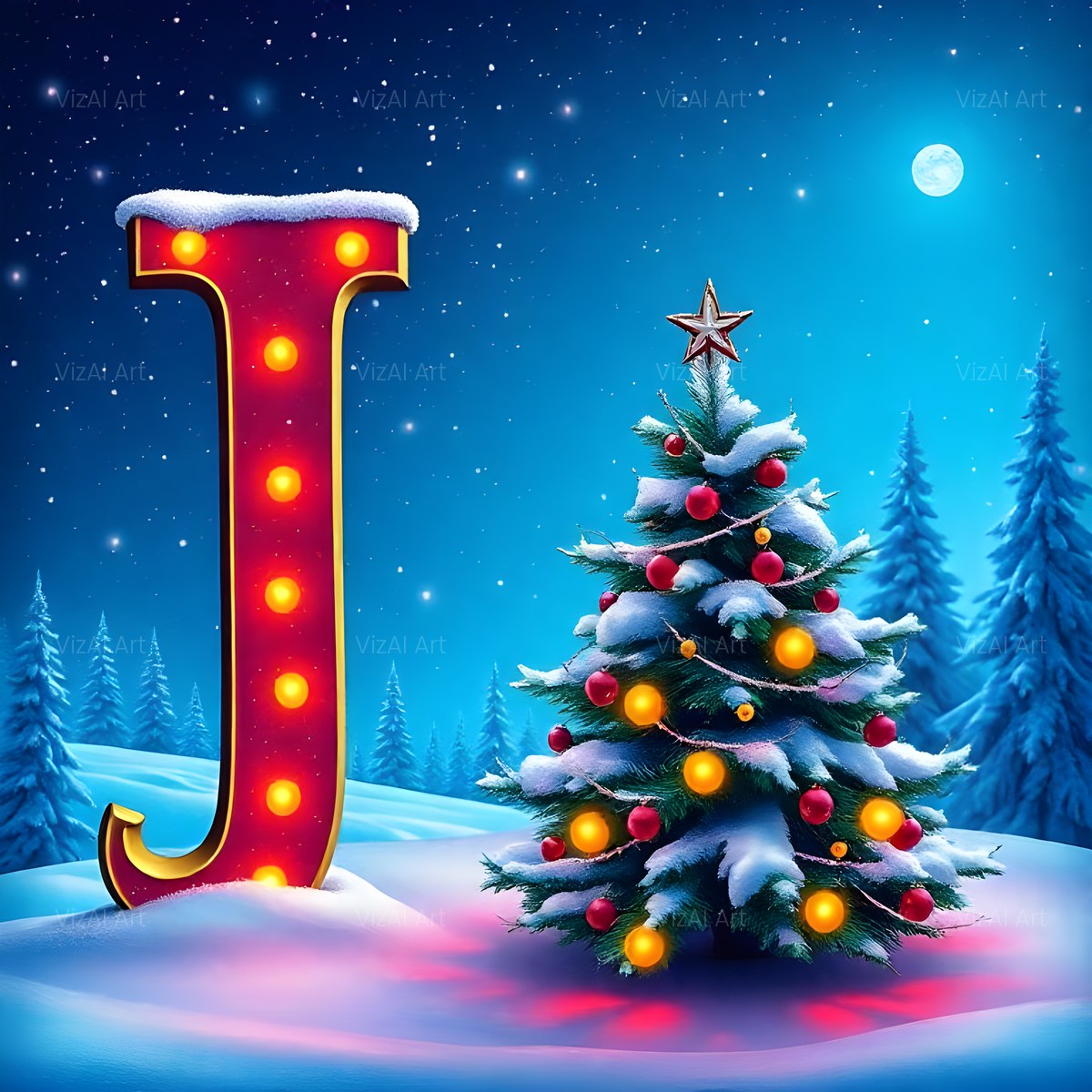 Christmas Scarlet Tree Lights alphabet — printable letter J