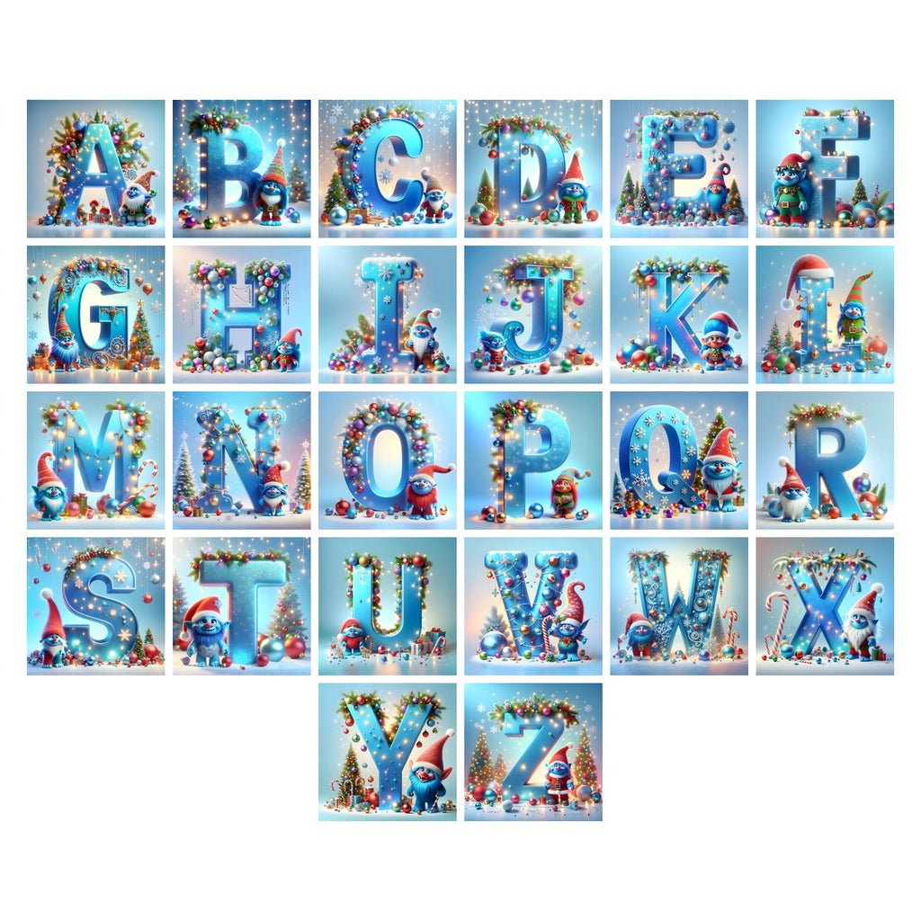 Christmas Frosty Troll Whimsy alphabet — all 26 letters A to Z, choose any single letter