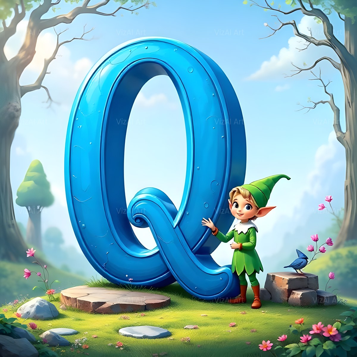 Christmas Enchanted Elf Wonder alphabet — printable letter Q