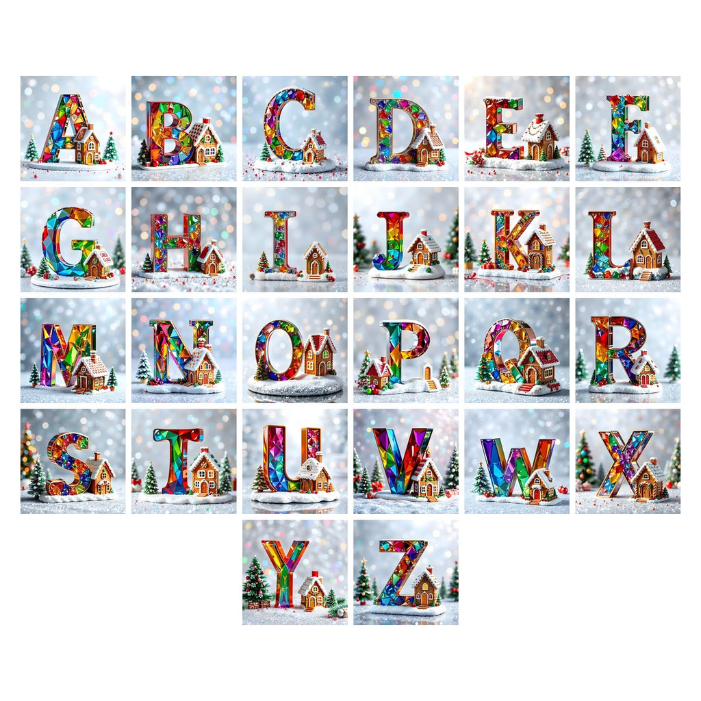 Christmas Jewel Gingerbread House alphabet — all 26 letters A to Z, choose any single letter