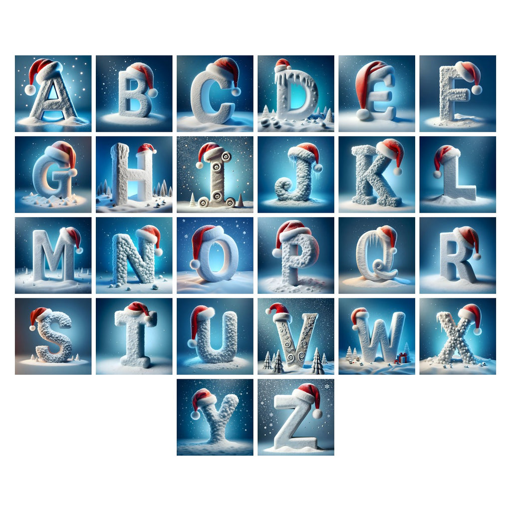 Christmas Snowy Santa Cheer alphabet — all 26 letters A to Z, choose any single letter