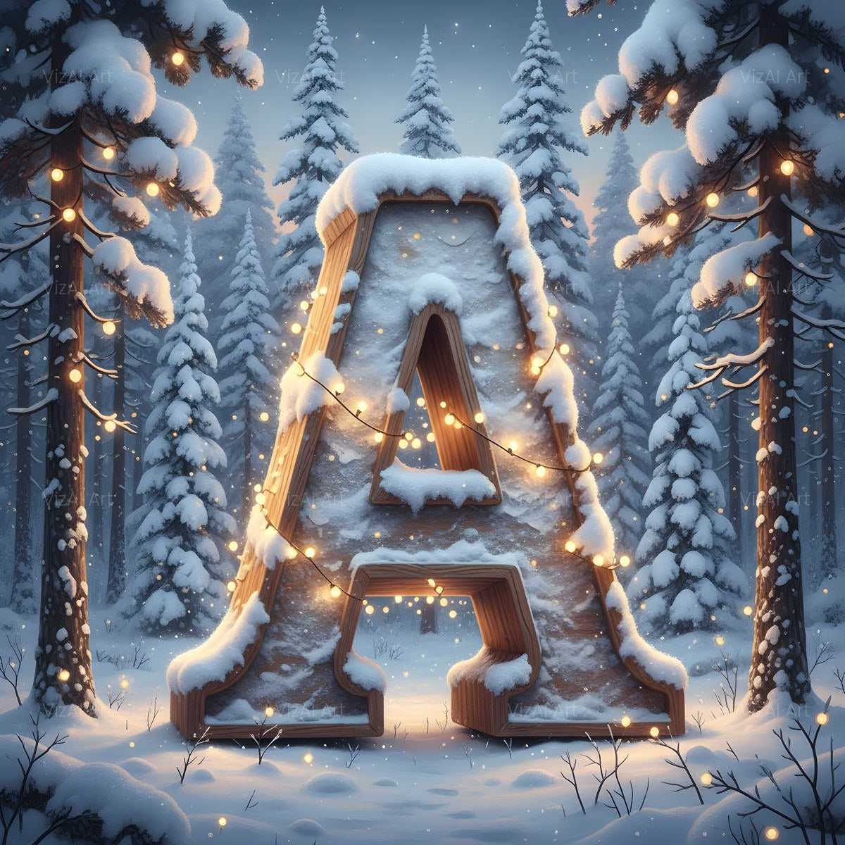 Christmas Snowy Forest Glow alphabet — printable letter A