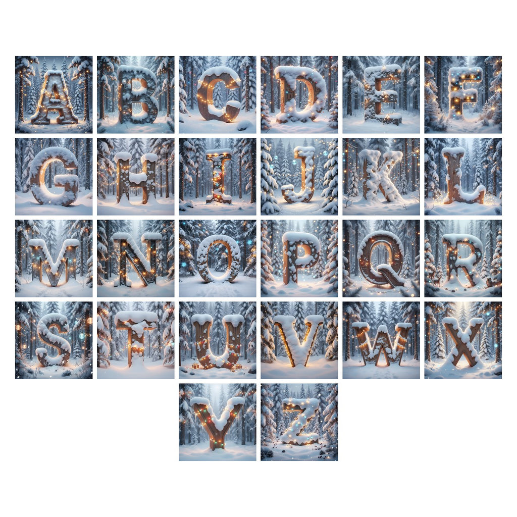 Christmas Snowy Forest Glow alphabet — all 26 letters A to Z, choose any single letter