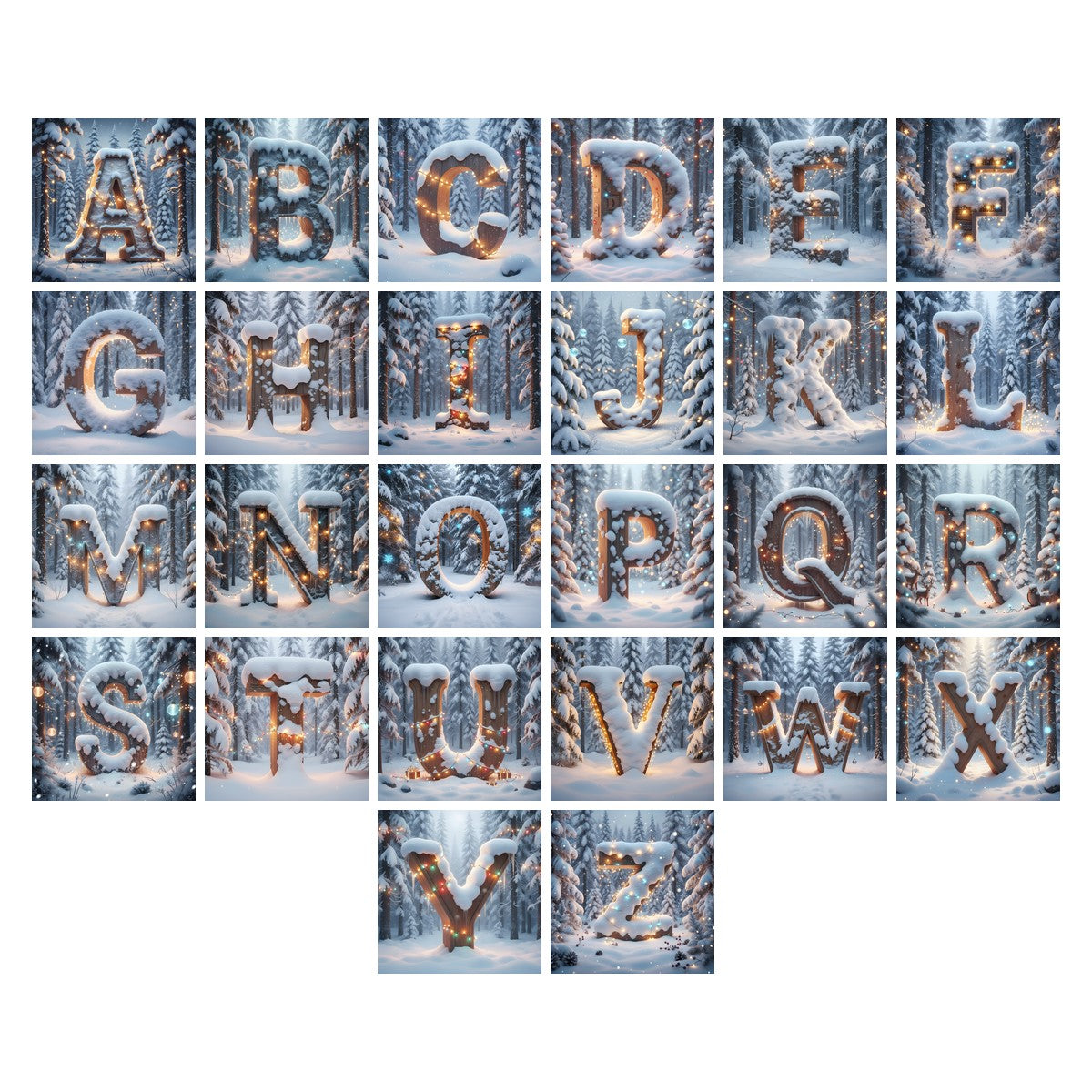 Christmas Snowy Forest Glow alphabet — all 26 letters A to Z, choose any single letter