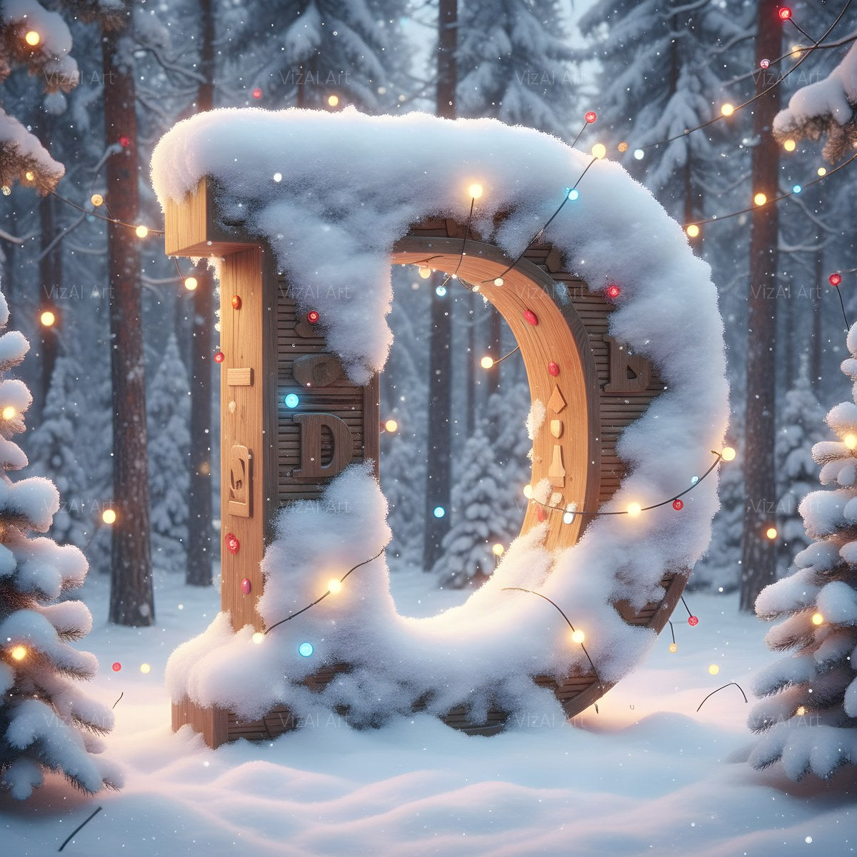 Christmas Snowy Forest Glow alphabet — printable letter D