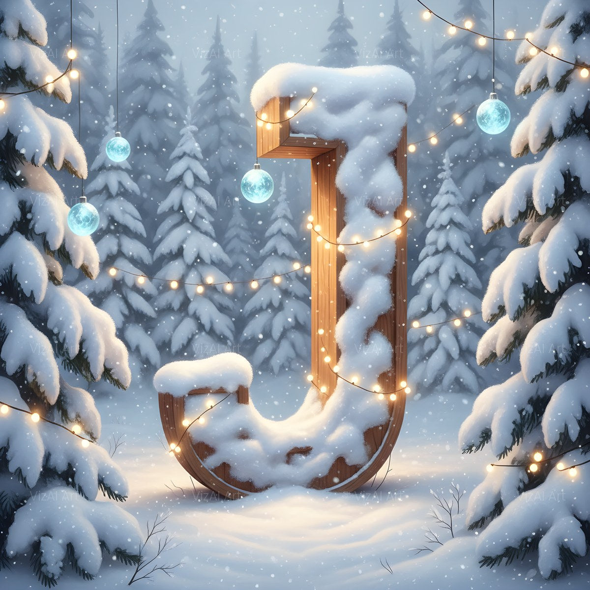 Christmas Snowy Forest Glow alphabet — printable letter J