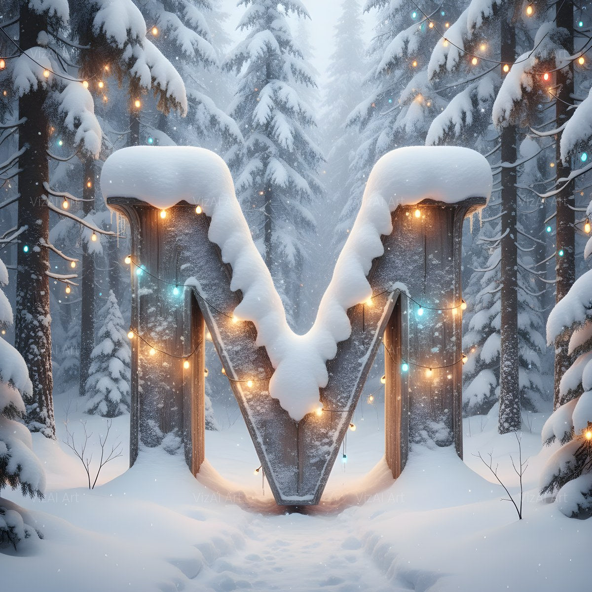 Christmas Snowy Forest Glow alphabet — printable letter M