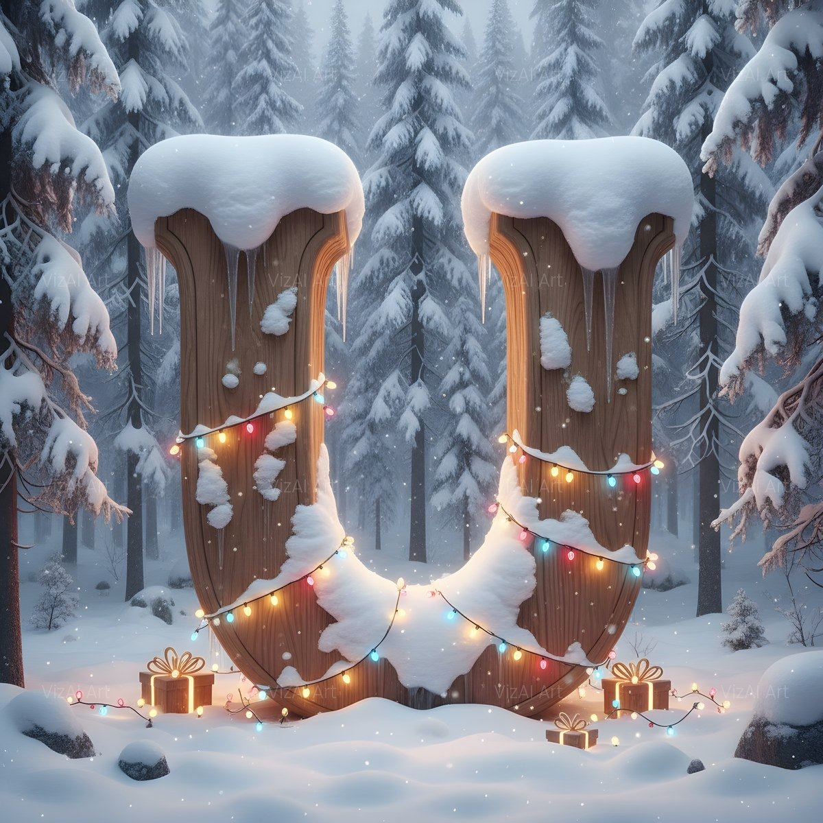 Christmas Snowy Forest Glow alphabet — printable letter U