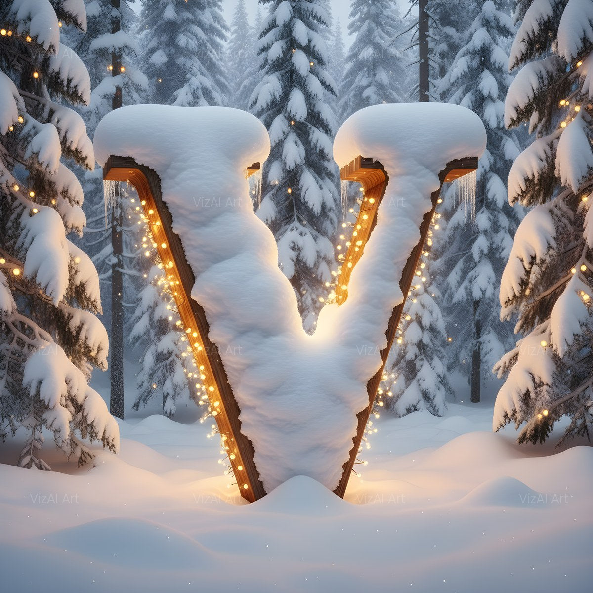 Christmas Snowy Forest Glow alphabet — printable letter V