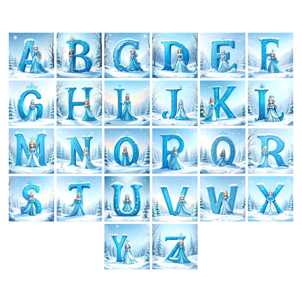 Christmas Ice Queen Enchantment alphabet — all 26 letters A to Z, choose any single letter