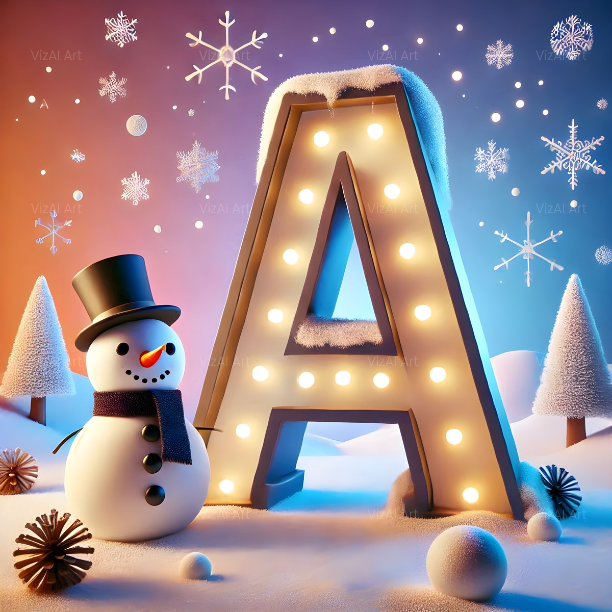 Christmas Snowman Starlight Cheer alphabet — printable letter A