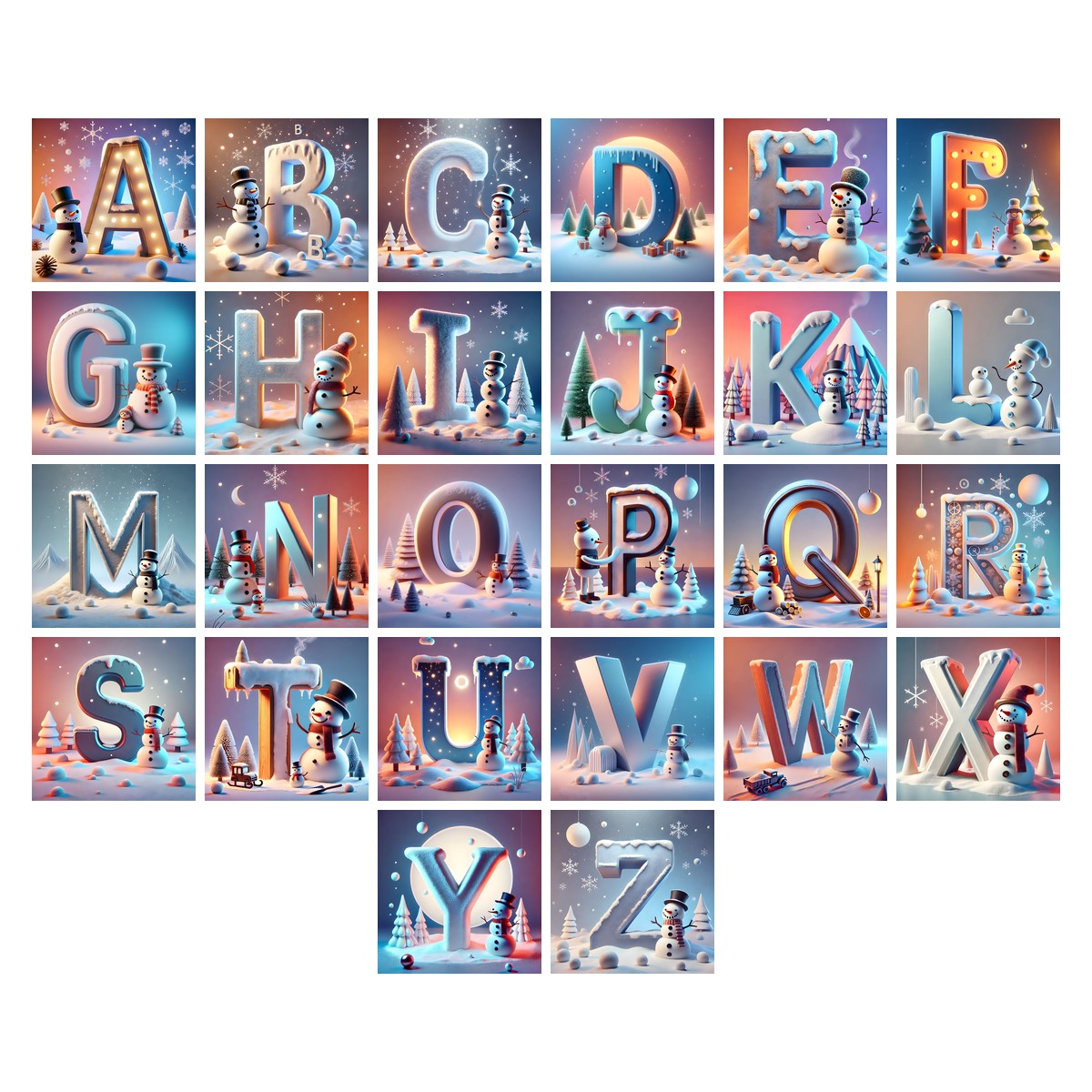 Christmas Snowman Starlight Cheer alphabet — all 26 letters A to Z, choose any single letter